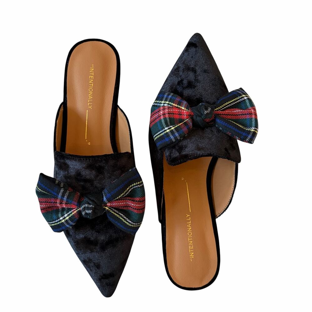 INTENTIONALLY BLANK Tartan Black Velvet Picadeli Plaid Bow Mules Size 6 New - Picture 2 of 16